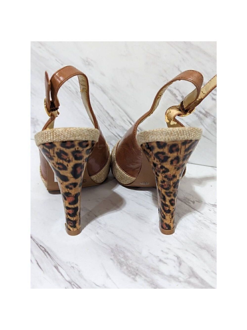 N by Nicole Miller Women's Tan Sandal Leather Side Leopard Print Heel Size 6.5M - Picture 2 of 8